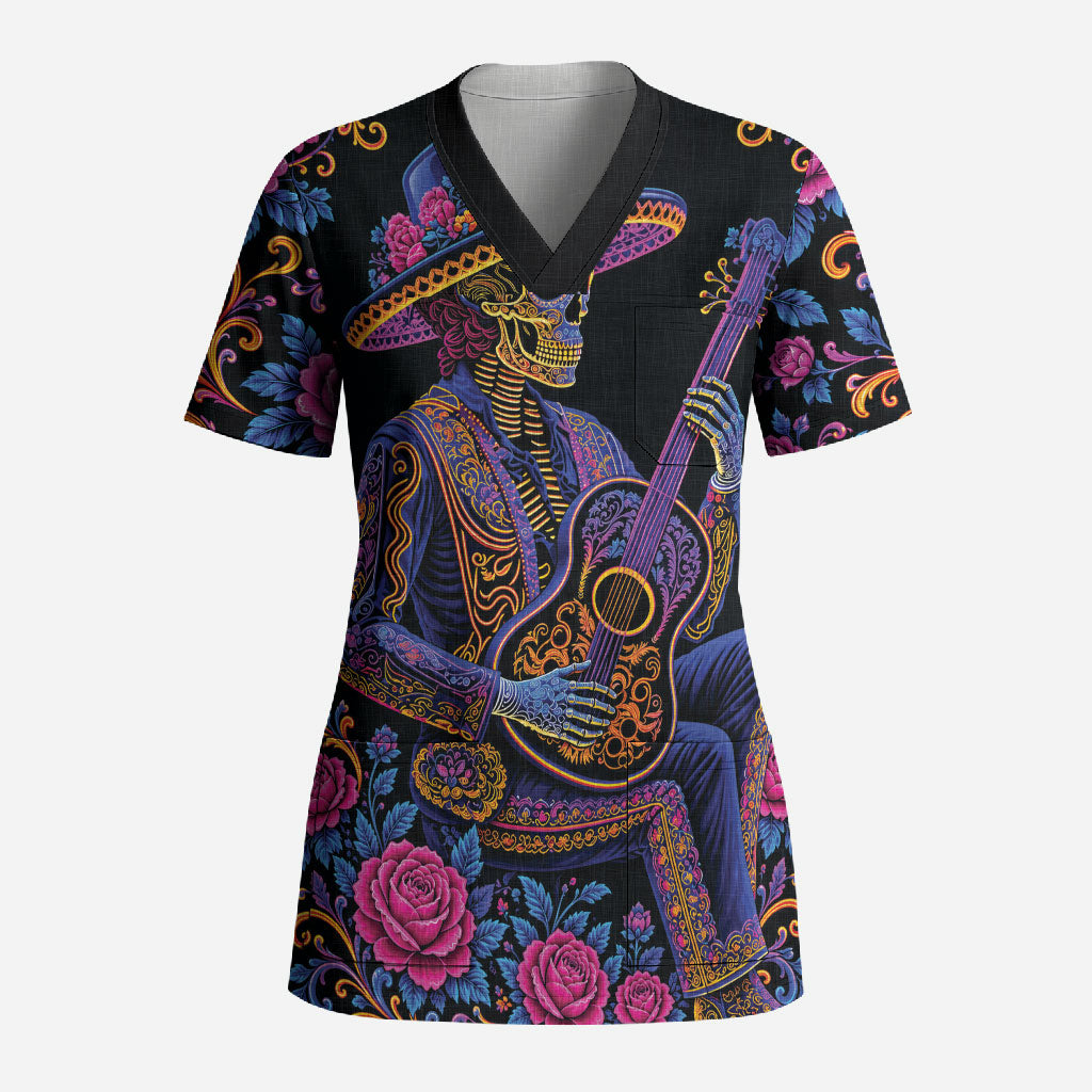 Mexico Dia de los Muertos Scrub Top Catrina Skeleton Playing Guitar