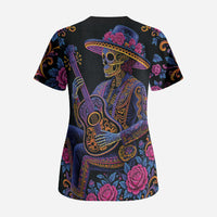 Mexico Dia de los Muertos Scrub Top Catrina Skeleton Playing Guitar