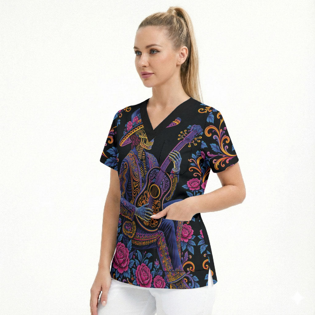 Mexico Dia de los Muertos Scrub Top Catrina Skeleton Playing Guitar