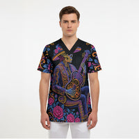 Mexico Dia de los Muertos Scrub Top Catrina Skeleton Playing Guitar