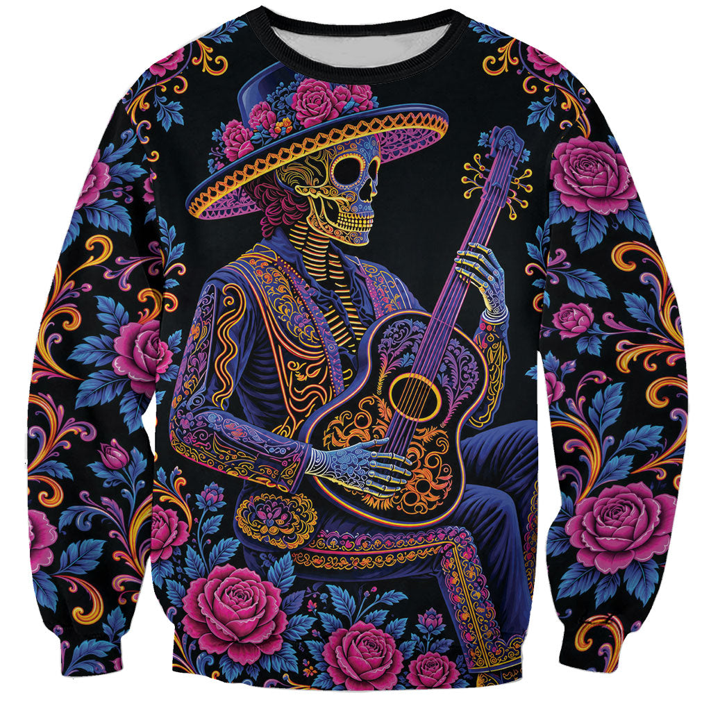 Mexico Dia de los Muertos Sweatshirt Catrina Skeleton Playing Guitar