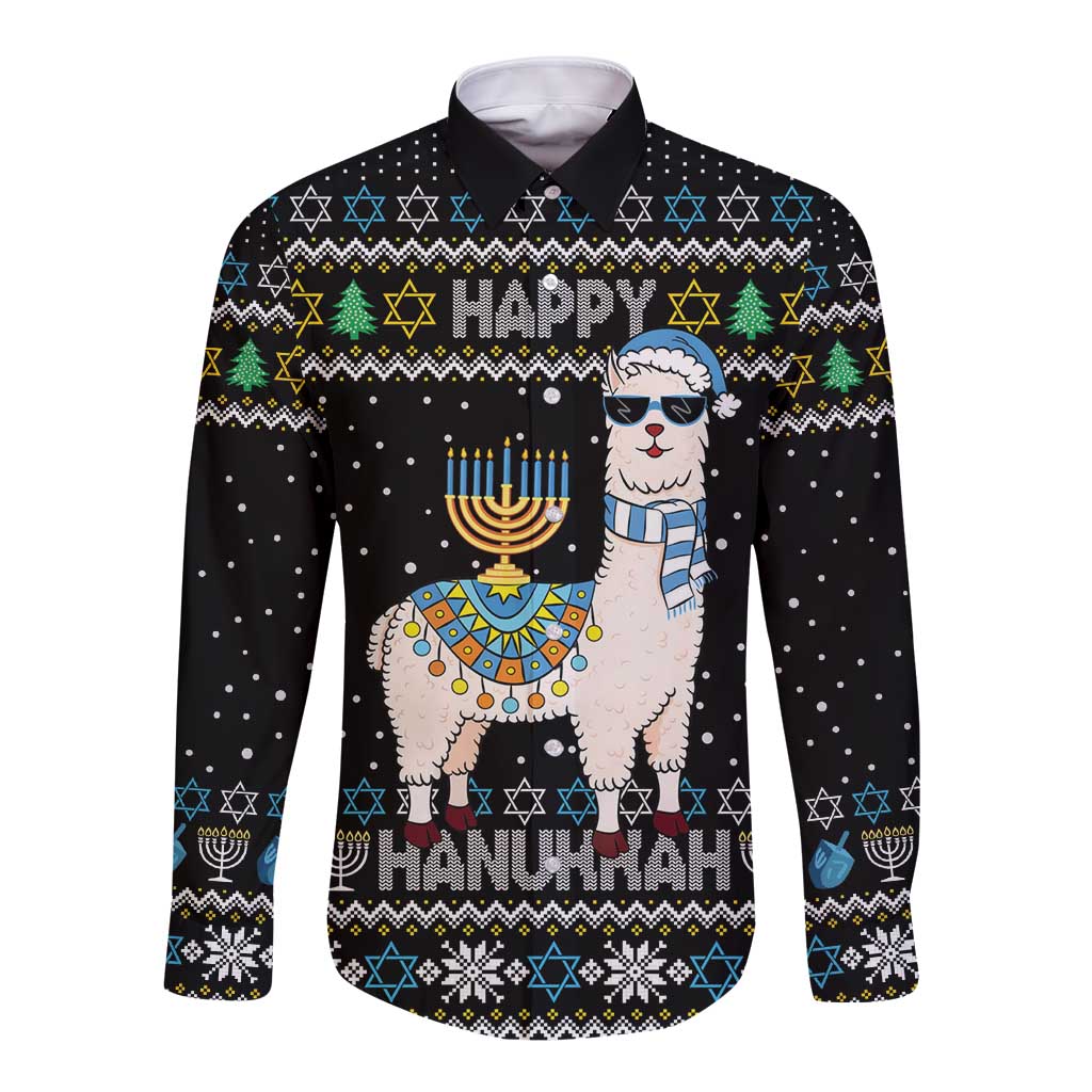 Happy Hanukkah Llama Long Sleeve Button Shirt Funny Menorah for Jewish Holiday - Wonder Print Shop