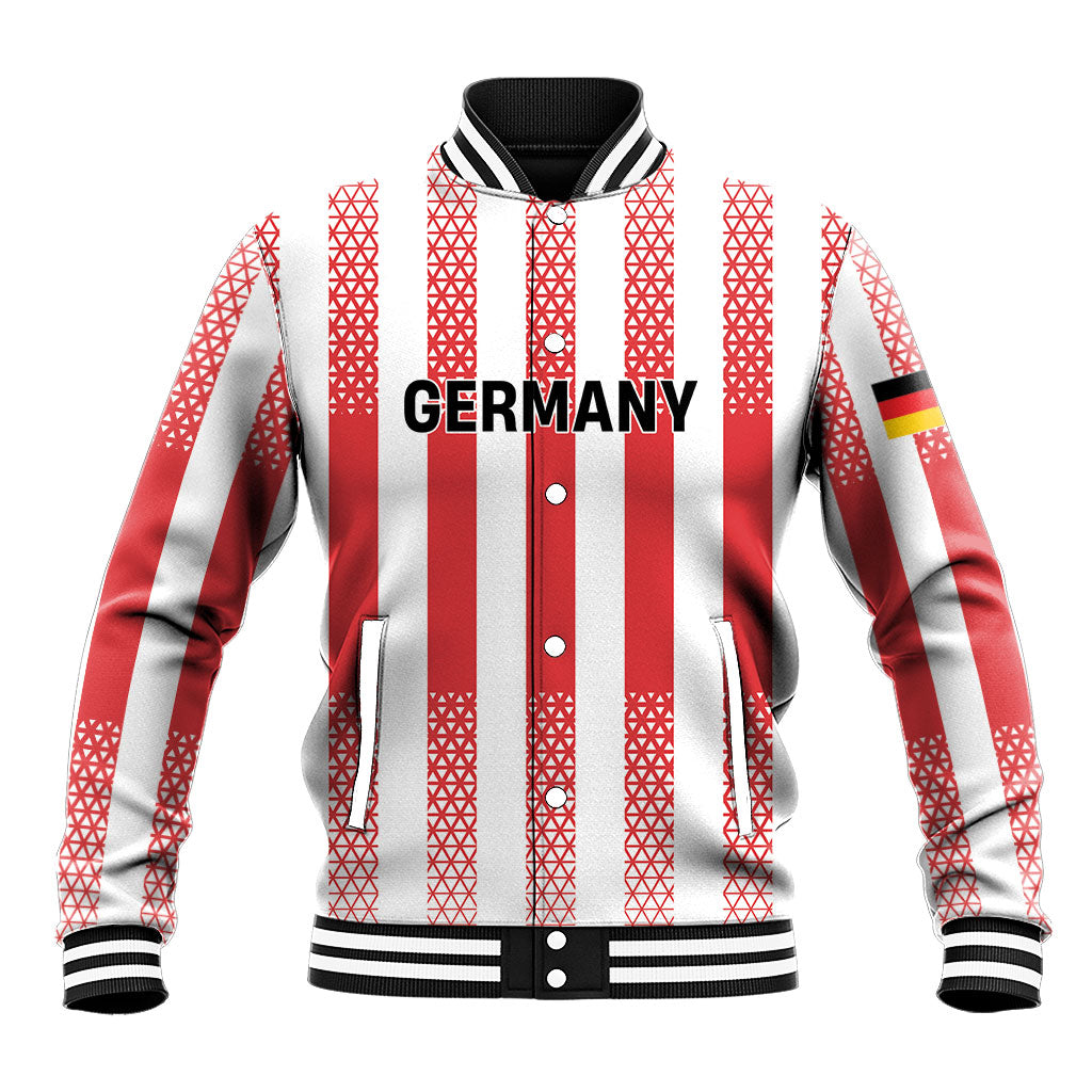 Custom German European Football Champions Baseball Jacket Rot Weiss Geometric Stripes