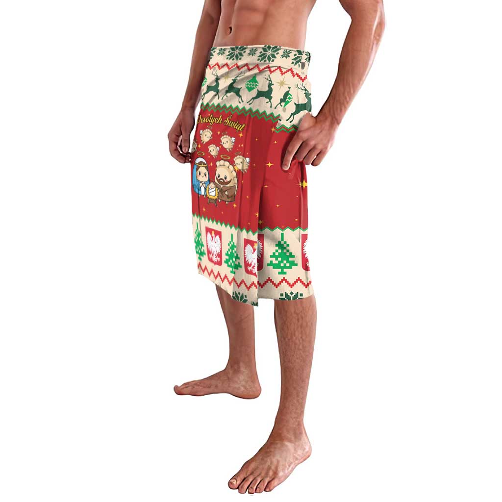 Christmas lavalava sarong skirt, red and white with cartoon nativity figures, side drape