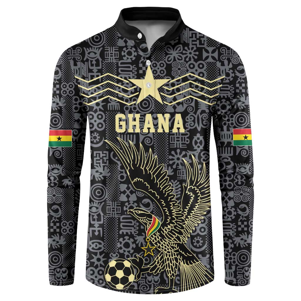 Custom World Football 2026 Ghana Button Sweatshirt Black Stars Rise with Black Adinkra Pattern