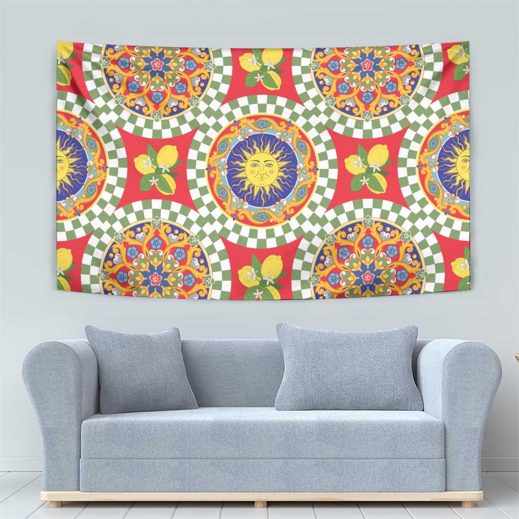 Green Sicilian Majolica Lemon Sun Art Tapestry