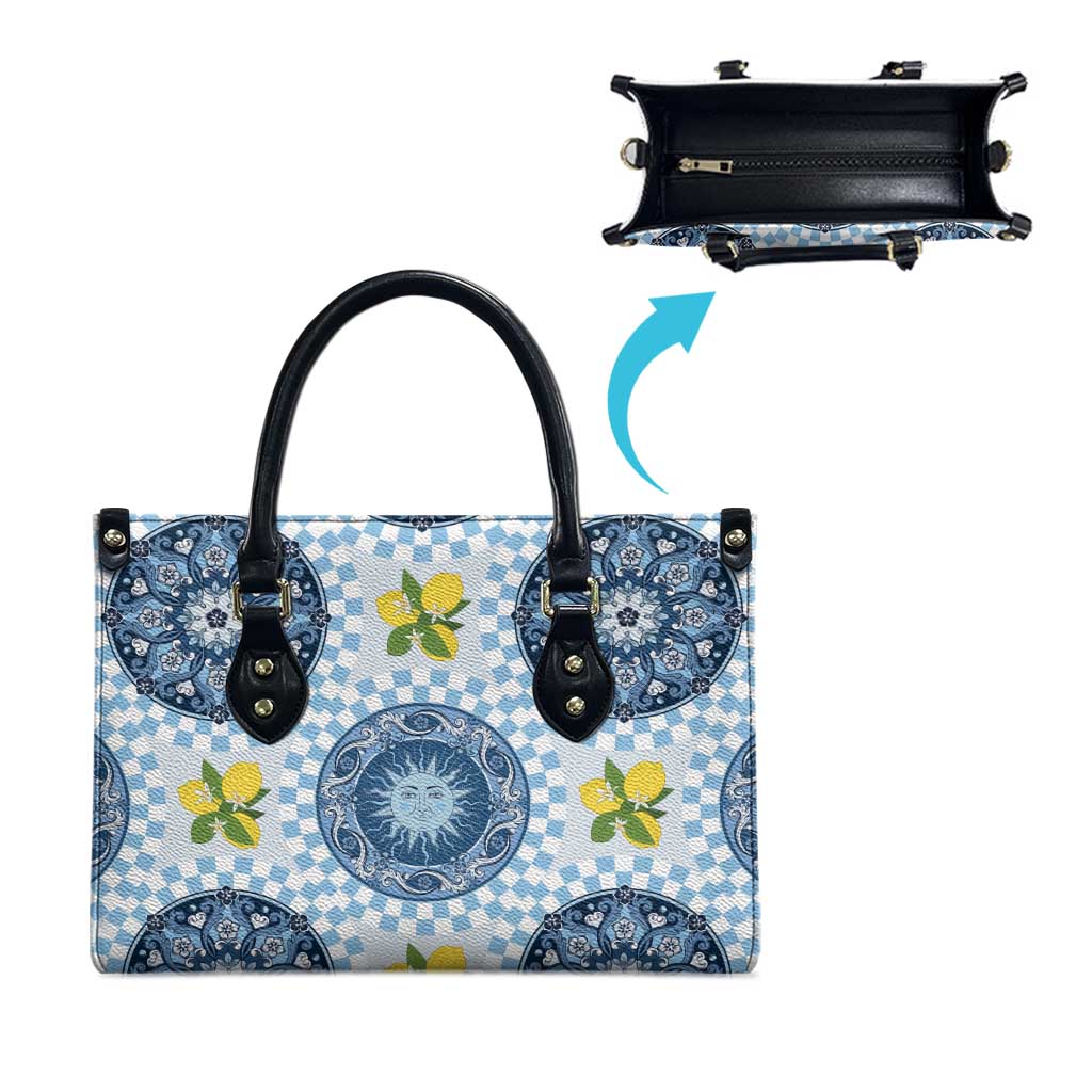 Blue Sicilian Majolica Lemon Sun Art Leather Bag