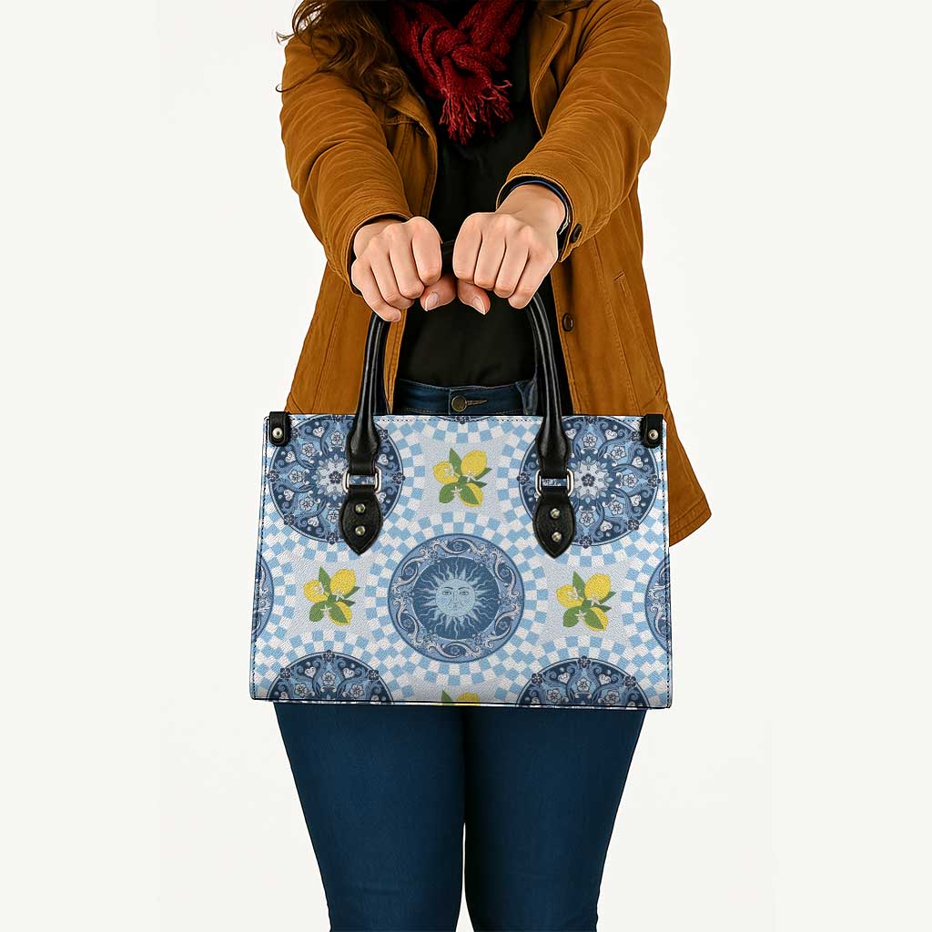 Blue Sicilian Majolica Lemon Sun Art Leather Bag