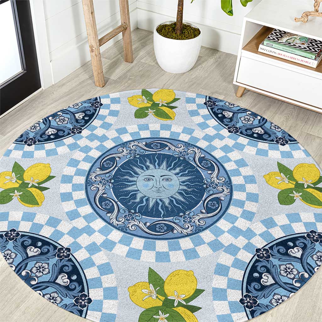 Blue Sicilian Majolica Lemon Sun Art Round Carpet