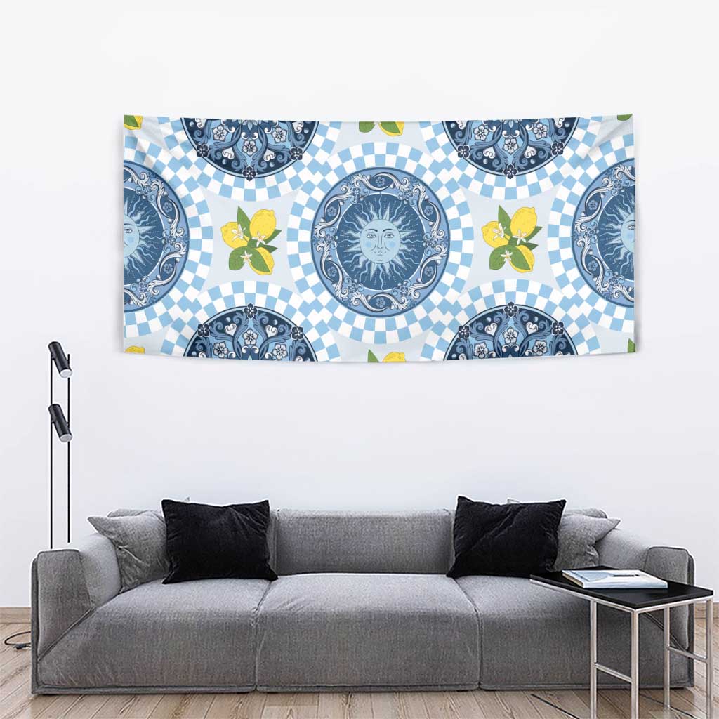 Blue Sicilian Majolica Lemon Sun Art Tapestry