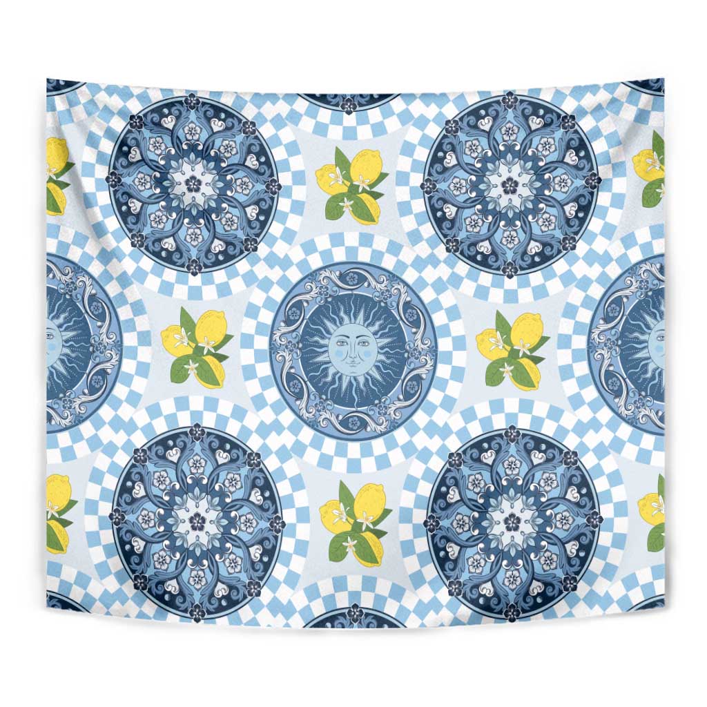 Blue Sicilian Majolica Lemon Sun Art Tapestry