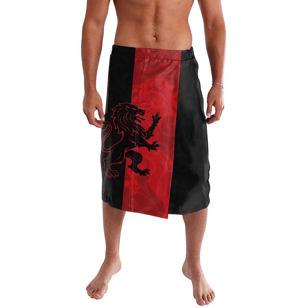 Black and red split-panel emblem shorts with lion graphic, front view