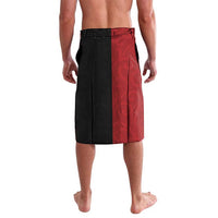 Black and red split-panel emblem shorts, side view