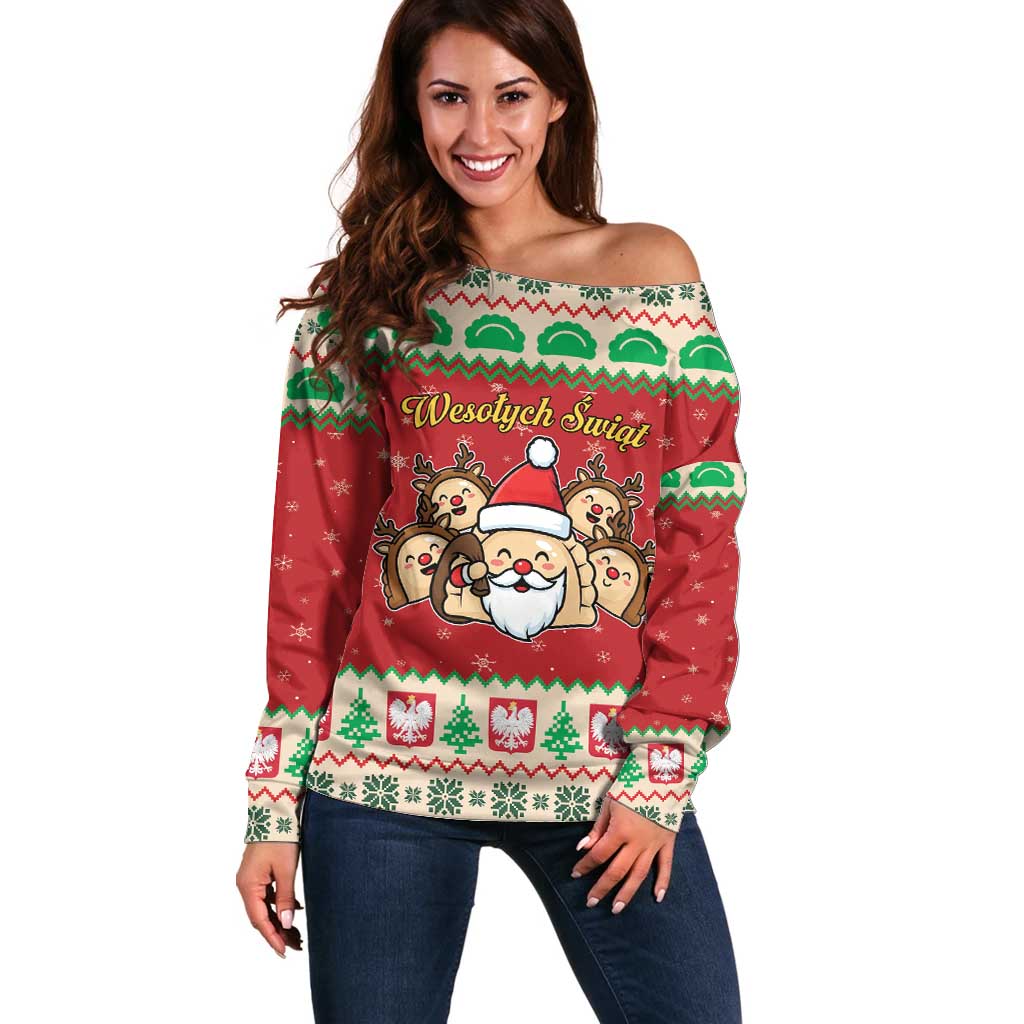 Poland Christmas Off Shoulder Sweater Pierogi Mascot Santa Claus Wesołych Swiat - Wonder Print Shop