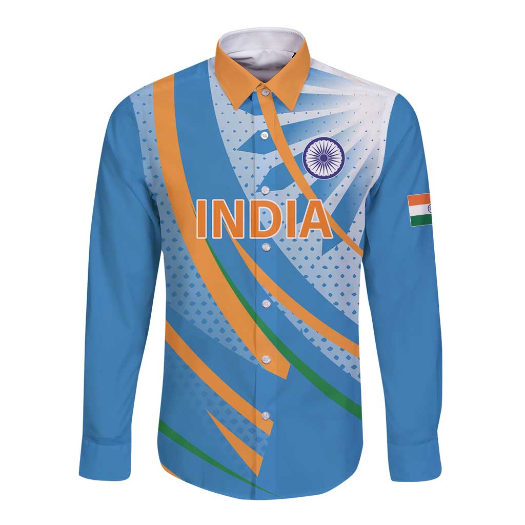 Custom India Cricket Long Sleeve Button Shirt Tricolor with Ashoka Chakra