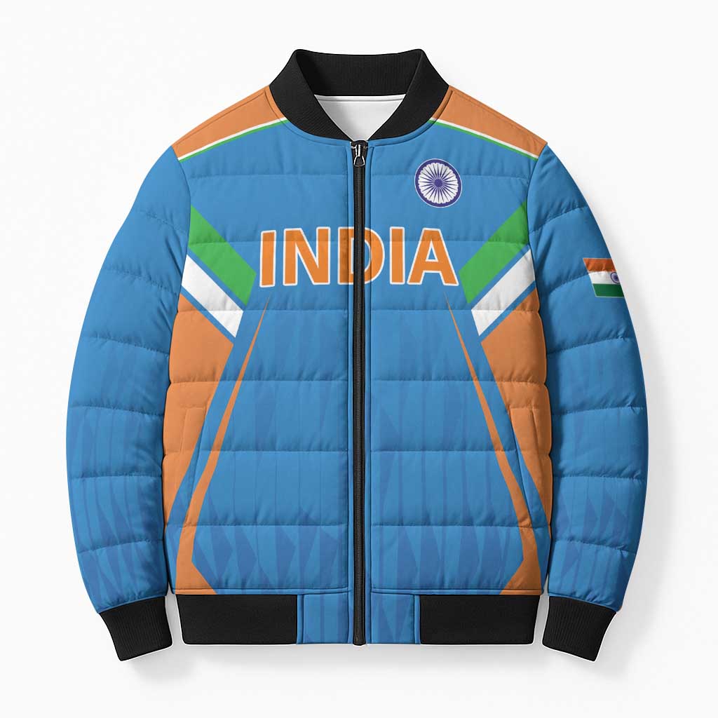 Custom India Cricket Bomber Puffer Jacket Let’s Go Champions Men in Blue