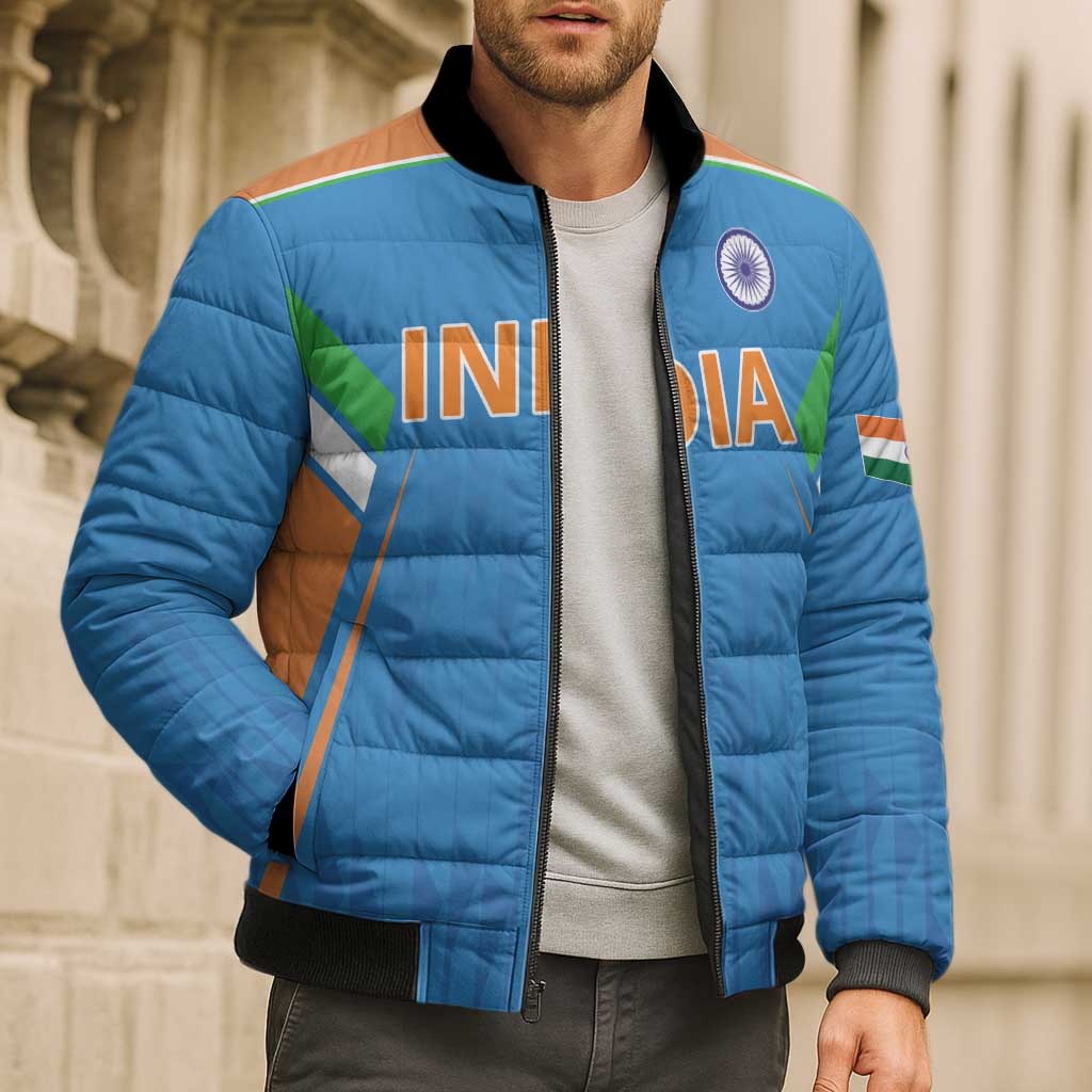 Custom India Cricket Bomber Puffer Jacket Let’s Go Champions Men in Blue
