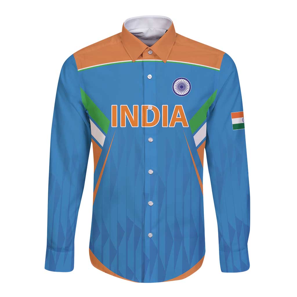 Custom India Cricket Long Sleeve Button Shirt Let’s Go Champions Men in Blue
