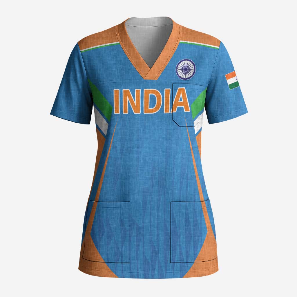 Custom India Cricket Scrub Top Let’s Go Champions Men in Blue