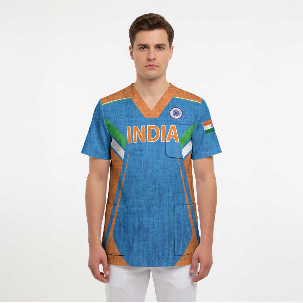 Custom India Cricket Scrub Top Let’s Go Champions Men in Blue