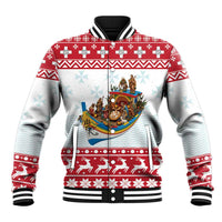 Red and white baseball jacket with nativity scene on boat graphic, striped cuffs