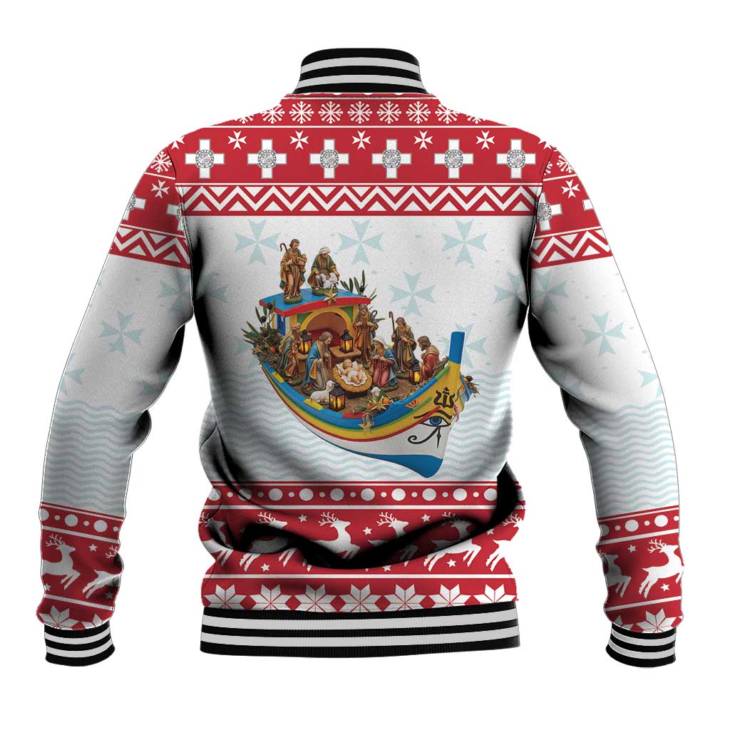 Back of red and white baseball jacket with nativity boat print and striped ribbed hem