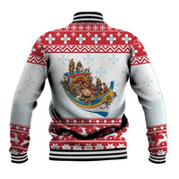 Back of red and white baseball jacket with nativity boat print and striped ribbed hem