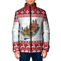 Red and white padded jacket with nativity scene print and full-zip front.