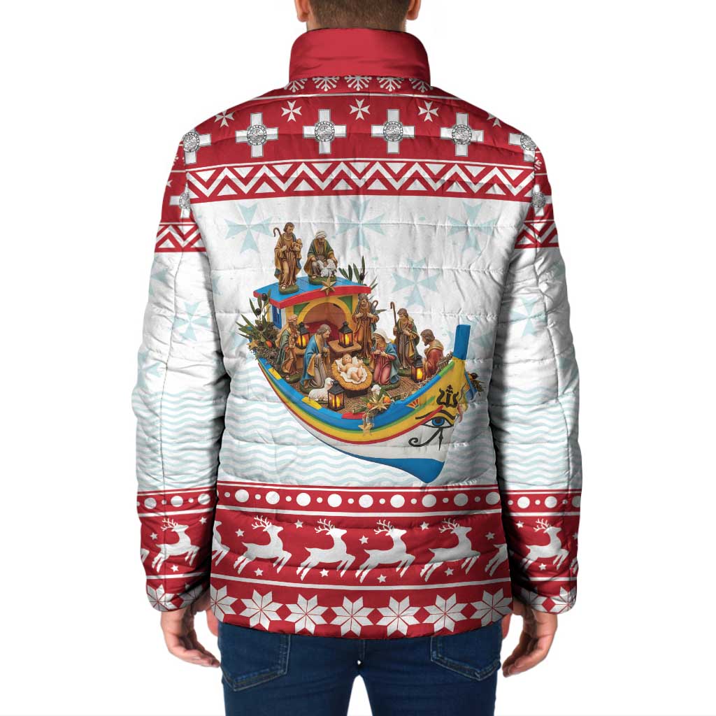 Red and white padded jacket, back view with nativity scene on boat print.