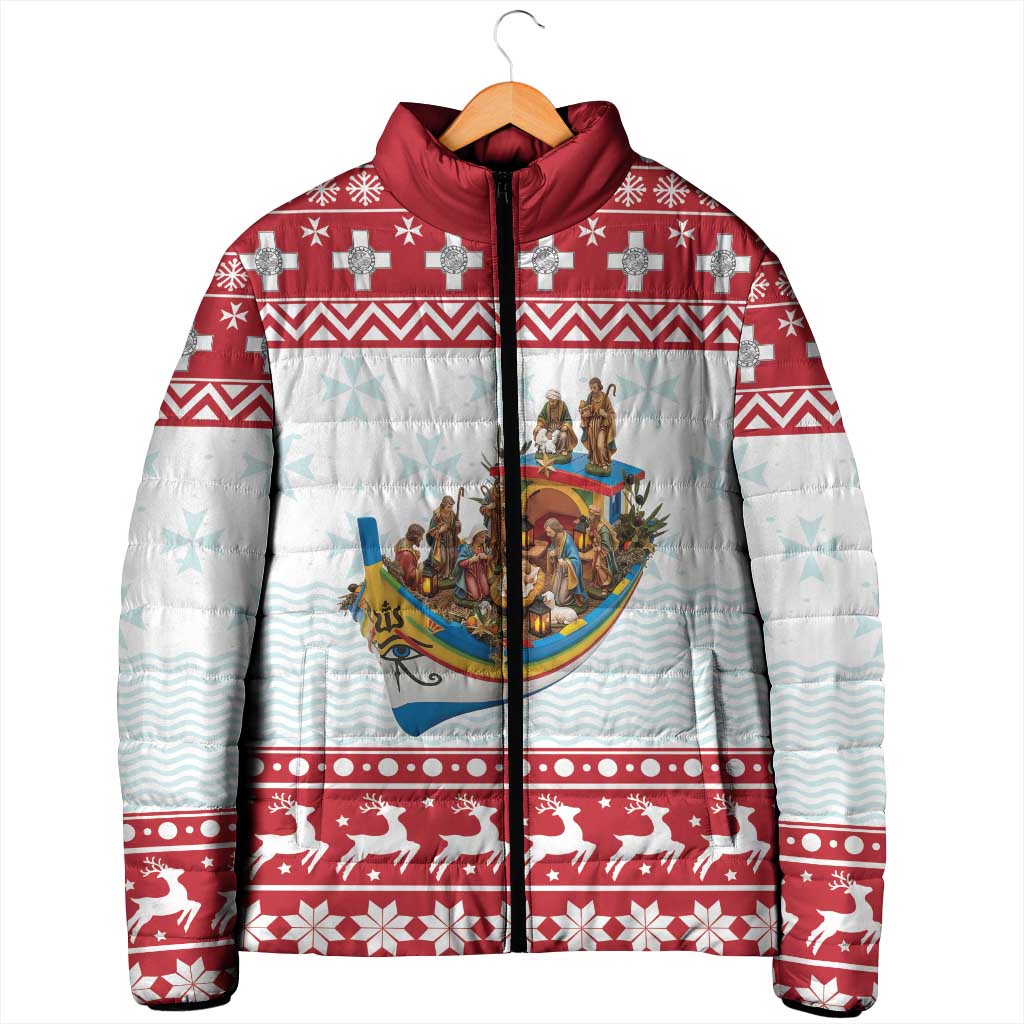 Red and white padded jacket with nativity scene on boat, full-zip front.