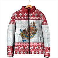 Red and white padded jacket with nativity scene on boat, full-zip front.