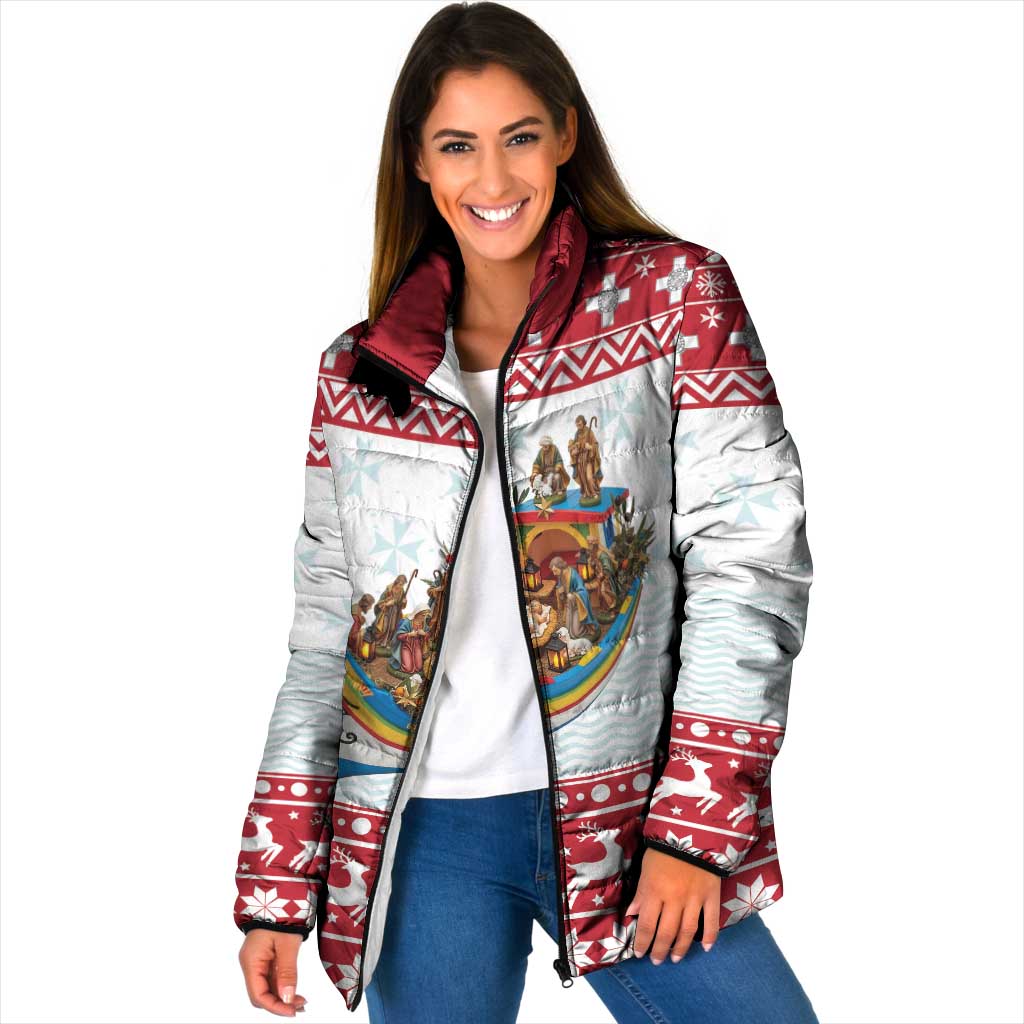 Red and white padded jacket with nativity scene boat graphic and zip-front closure.