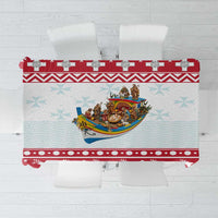 Red Christmas tablecloth with boat nativity scene and striped decorative border