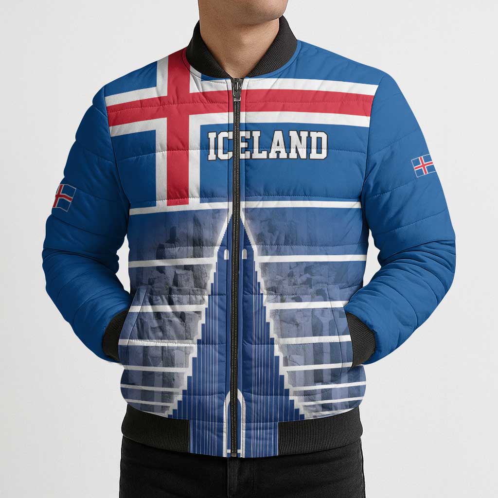 Iceland Hallgrimskirkja Church Bomber Puffer Jacket Icelandic Flag Design - Wonder Print Shop