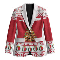 Men's red and white Christmas patterned blazer with white lapels and festive tree graphic