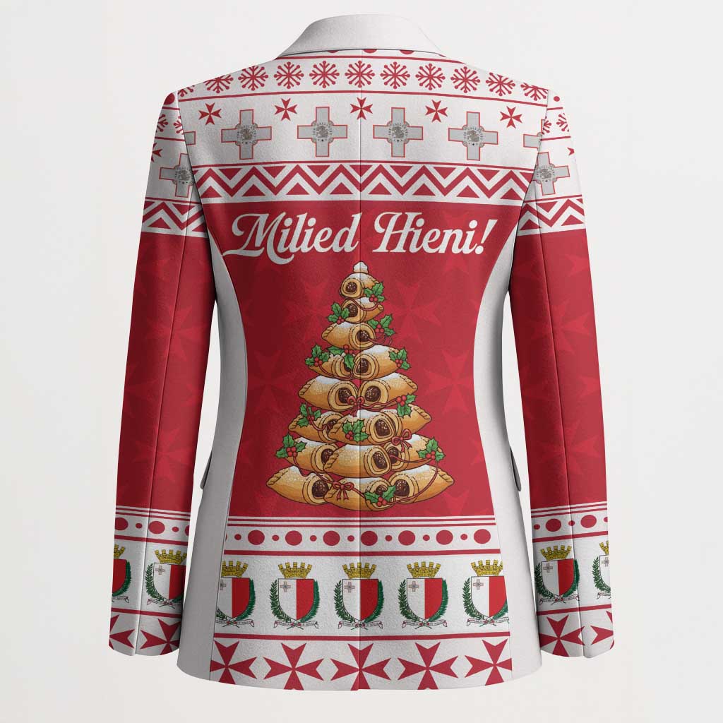 Red blazer with white trim, festive tree print, and patterned cuffs; classic tailored fit