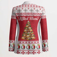 Red blazer with white trim, festive tree print, and patterned cuffs; classic tailored fit