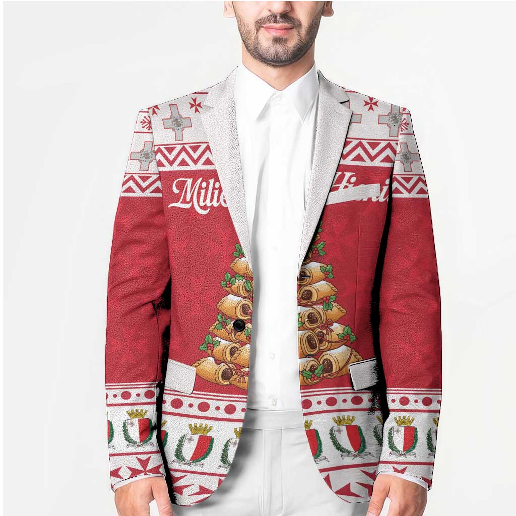 Model wearing red and white blazer with white lapels and holiday tree center panel