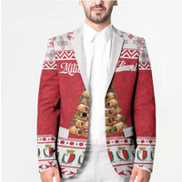 Model wearing red and white blazer with white lapels and holiday tree center panel