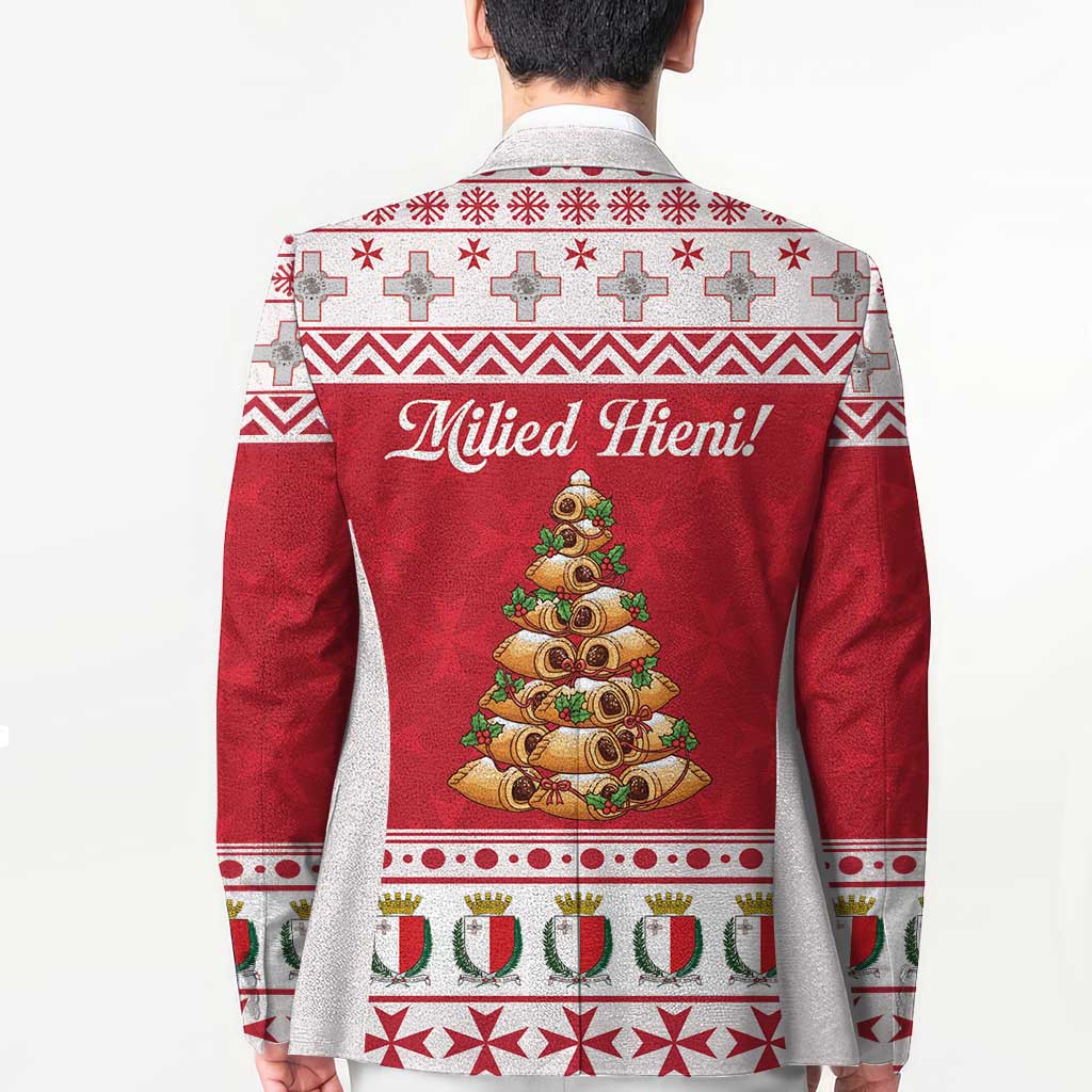 Back view of red blazer with 'Milied Hieni!' text and Christmas tree graphic