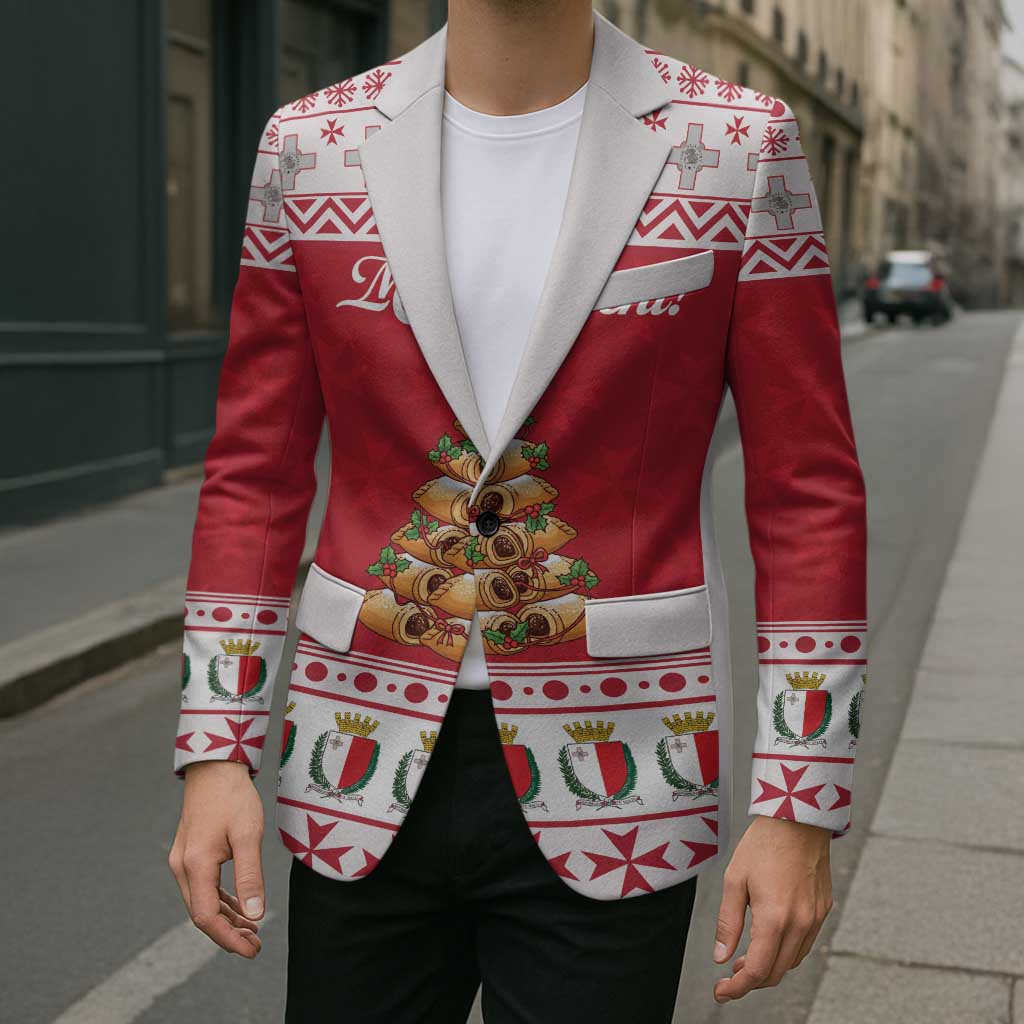 Red holiday blazer with white lapels, patterned border, and front festive tree artwork
