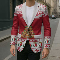 Red holiday blazer with white lapels, patterned border, and front festive tree artwork