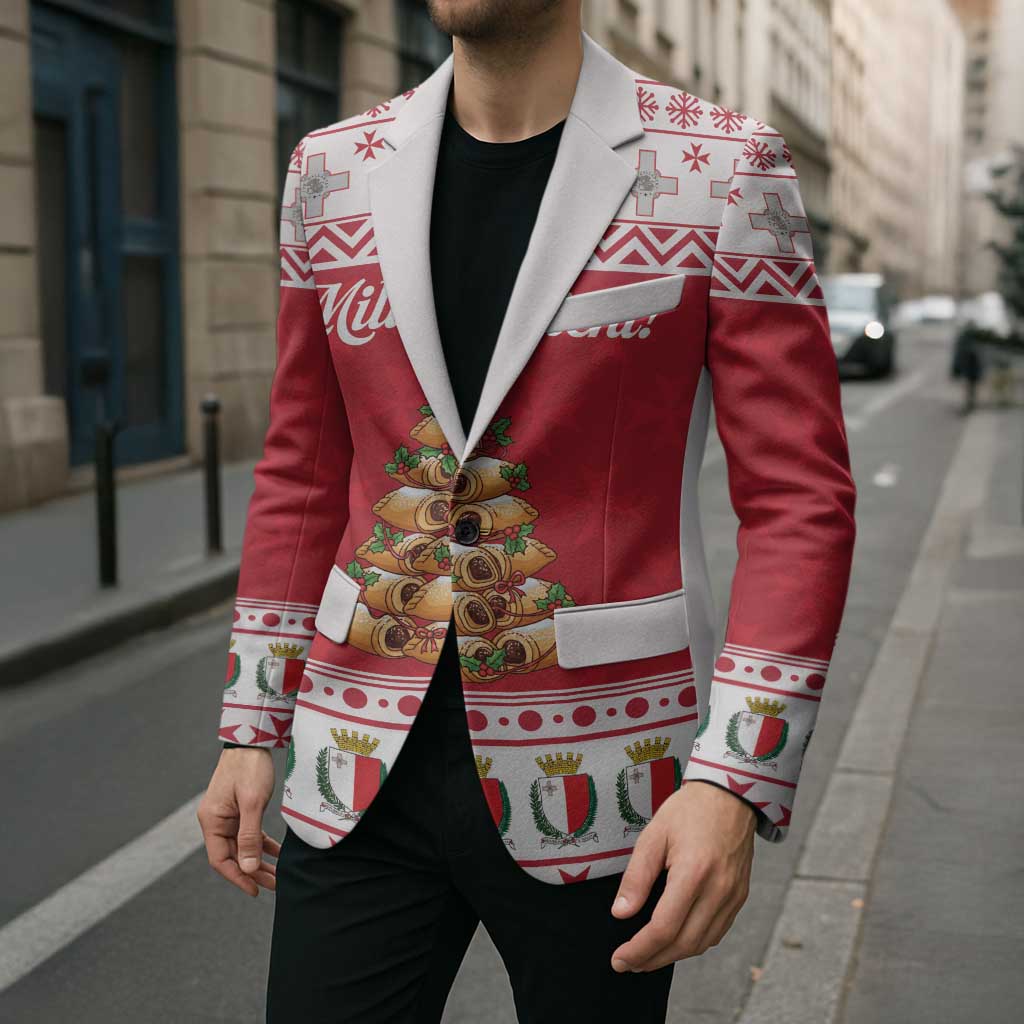 Red and white blazer worn with black shirt; white lapels and holiday panel print