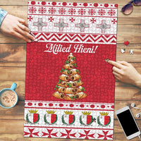 Christmas jigsaw puzzle board with red and white design and holiday tree motif