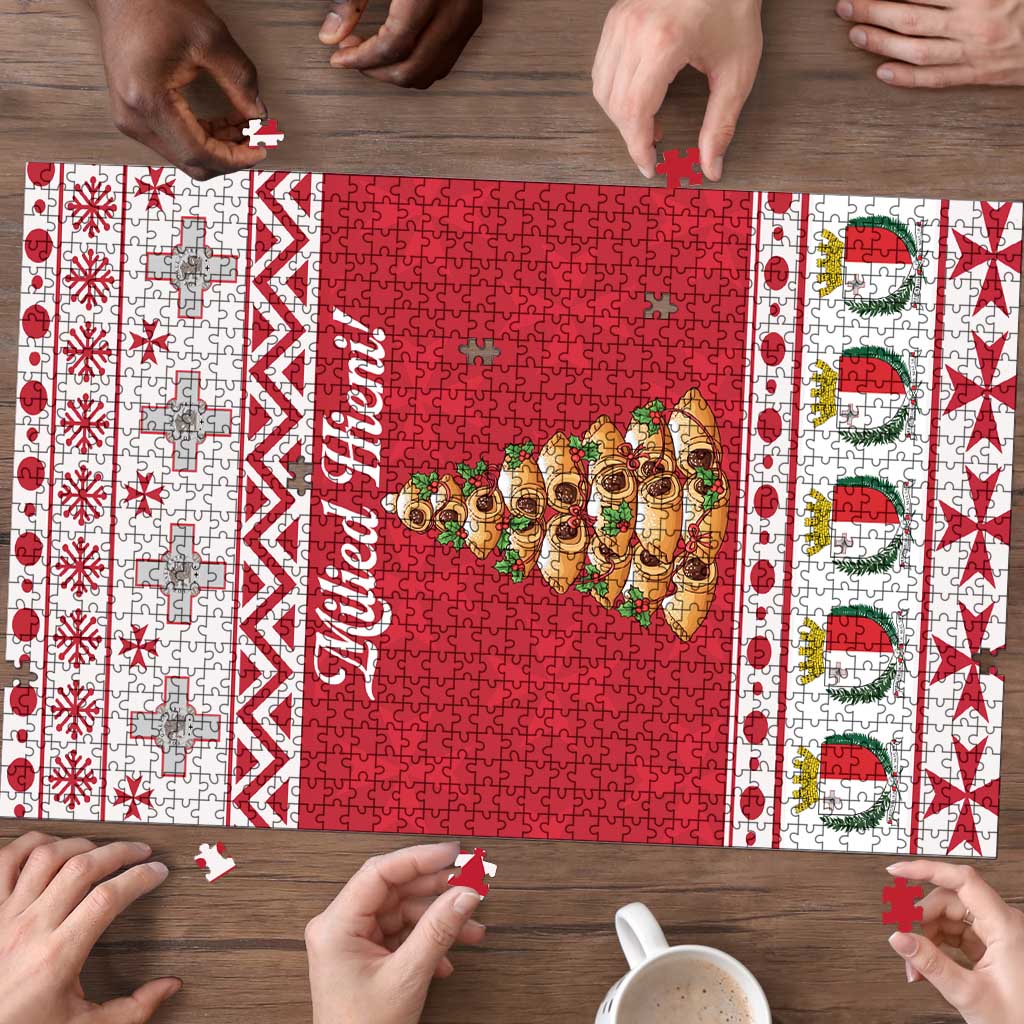 Red and white Christmas jigsaw puzzle board with holiday tree graphic and border