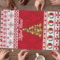 Red and white Christmas jigsaw puzzle board with holiday tree graphic and border