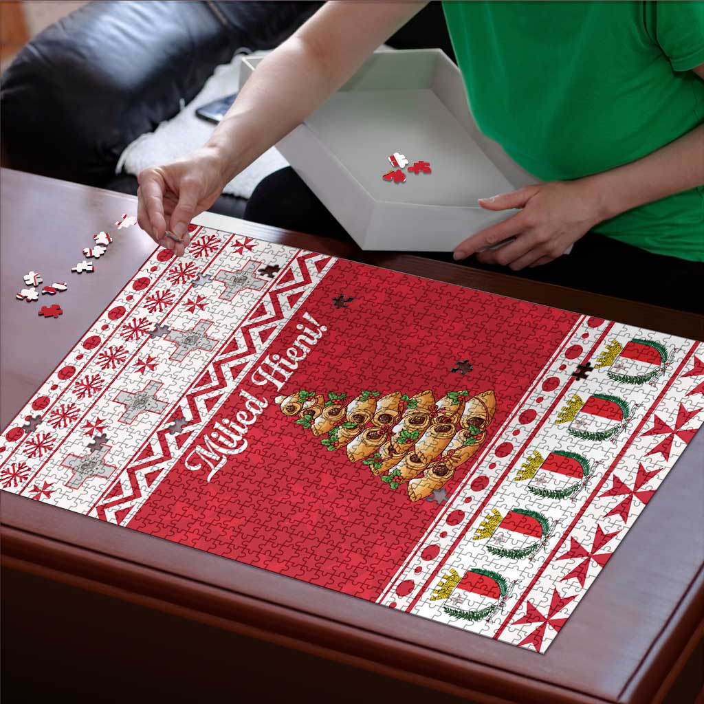 Christmas jigsaw puzzle board with red tree scene and assembling pieces on table