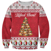 Red unisex sweatshirt: "Milied Hieni!" text, pastry Christmas tree graphic, stocking cuffs and hem.