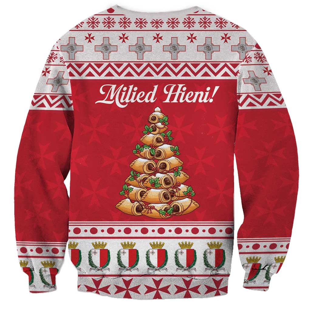 Red unisex sweatshirt with "Milied Hieni!" text and pastry Christmas tree graphic, festive border band.