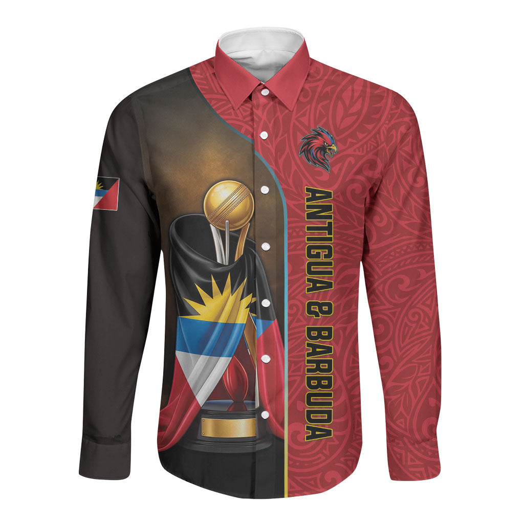 Personalized Antigua and Barbuda Cricket 2026 Long Sleeve Button Shirt Falcons First-Time Champions Trophy Red Edition
